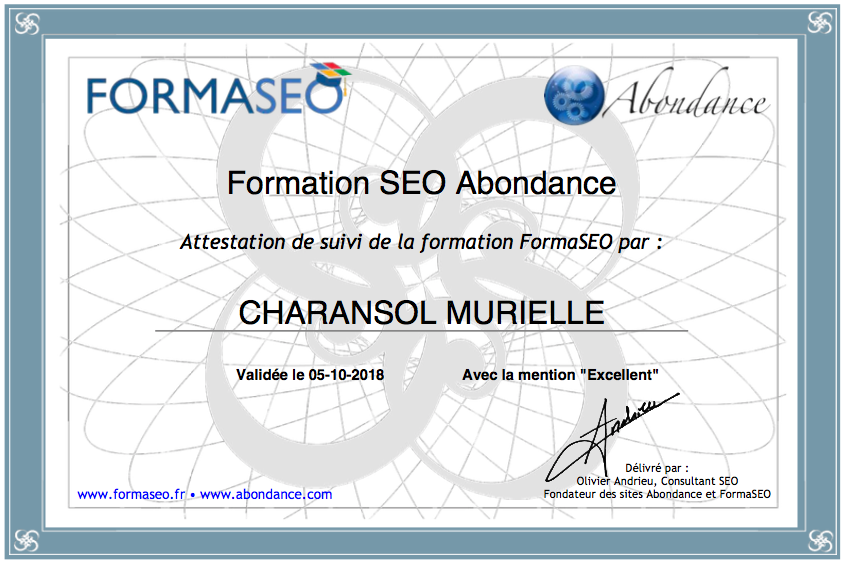 FormaSEO - Attestation de suivi Mention Excellent - Murielle CHARANSOL Murielle CHARANSOL, de l'entreprise AIDOVA, se voit attribuer la certification Niveau Excellence en Marketing Digital en 2016 par la Shaw Academy